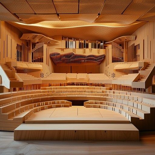Interieur van een moderne houten concertzaal met orgel en podium
